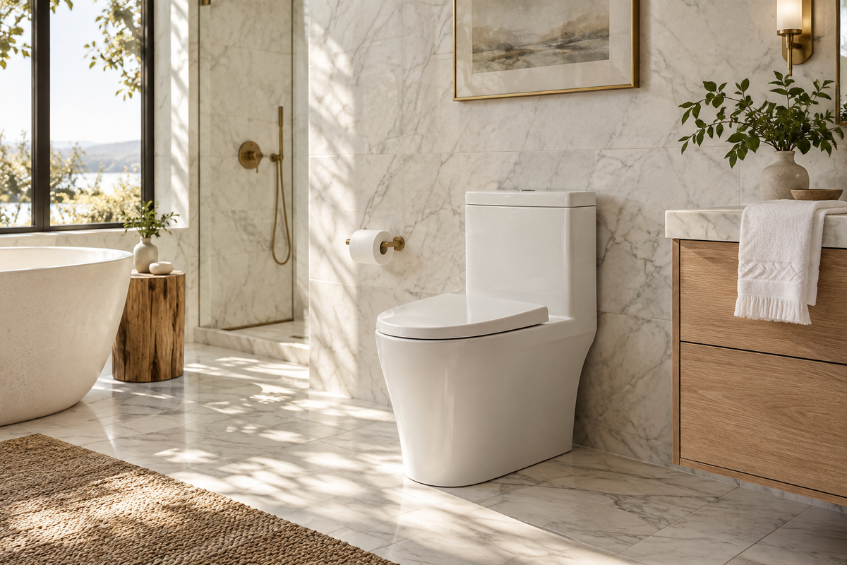 Luxury marble bathroom with a modern white toilet