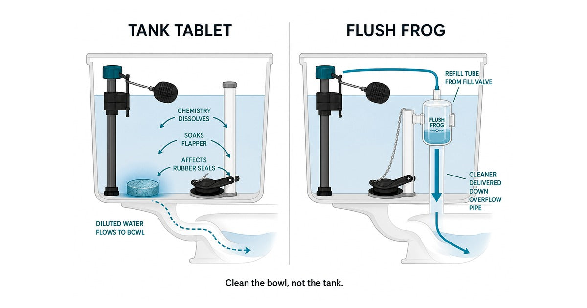 Tank tablet soaks the flapper; Flush Frog clips on the overflow pipe