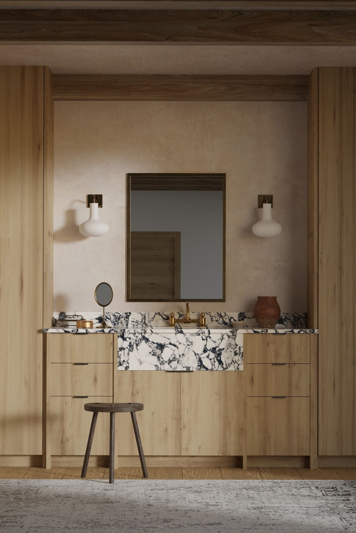 Modern Wooden Bathroom with Marble Countertop — featured photo for “How to Replace a Toilet Supply Line”