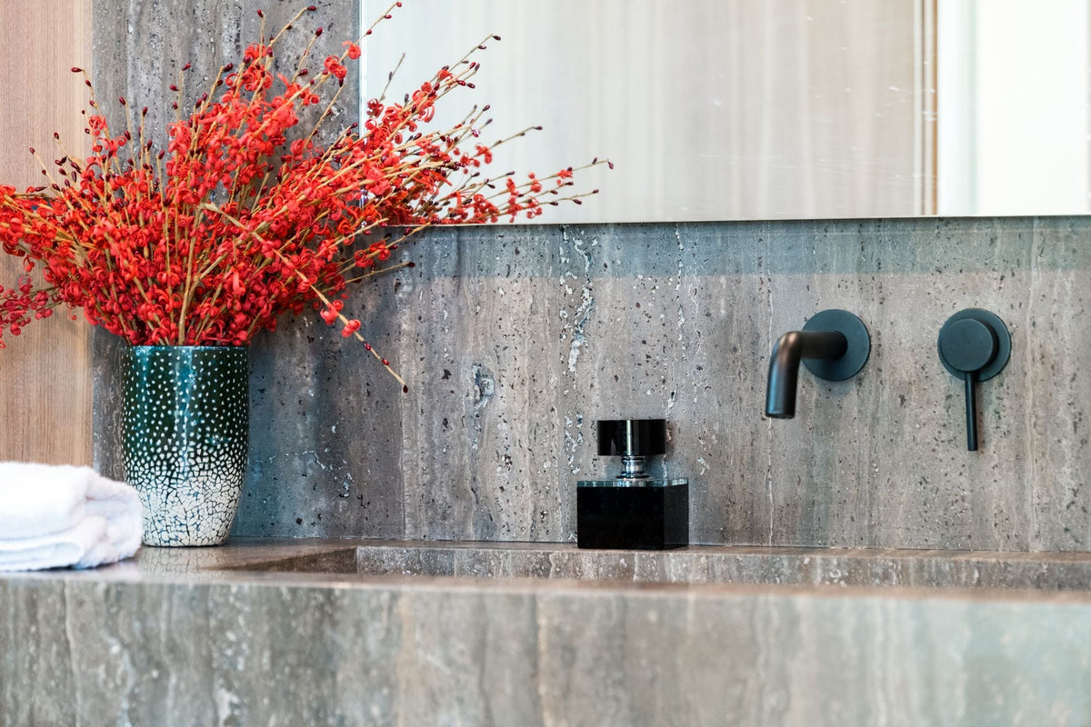 Elegant Modern Bathroom with Red Floral Decor — featured photo for “Wax Ring Versus Waxless Toilet Seal”