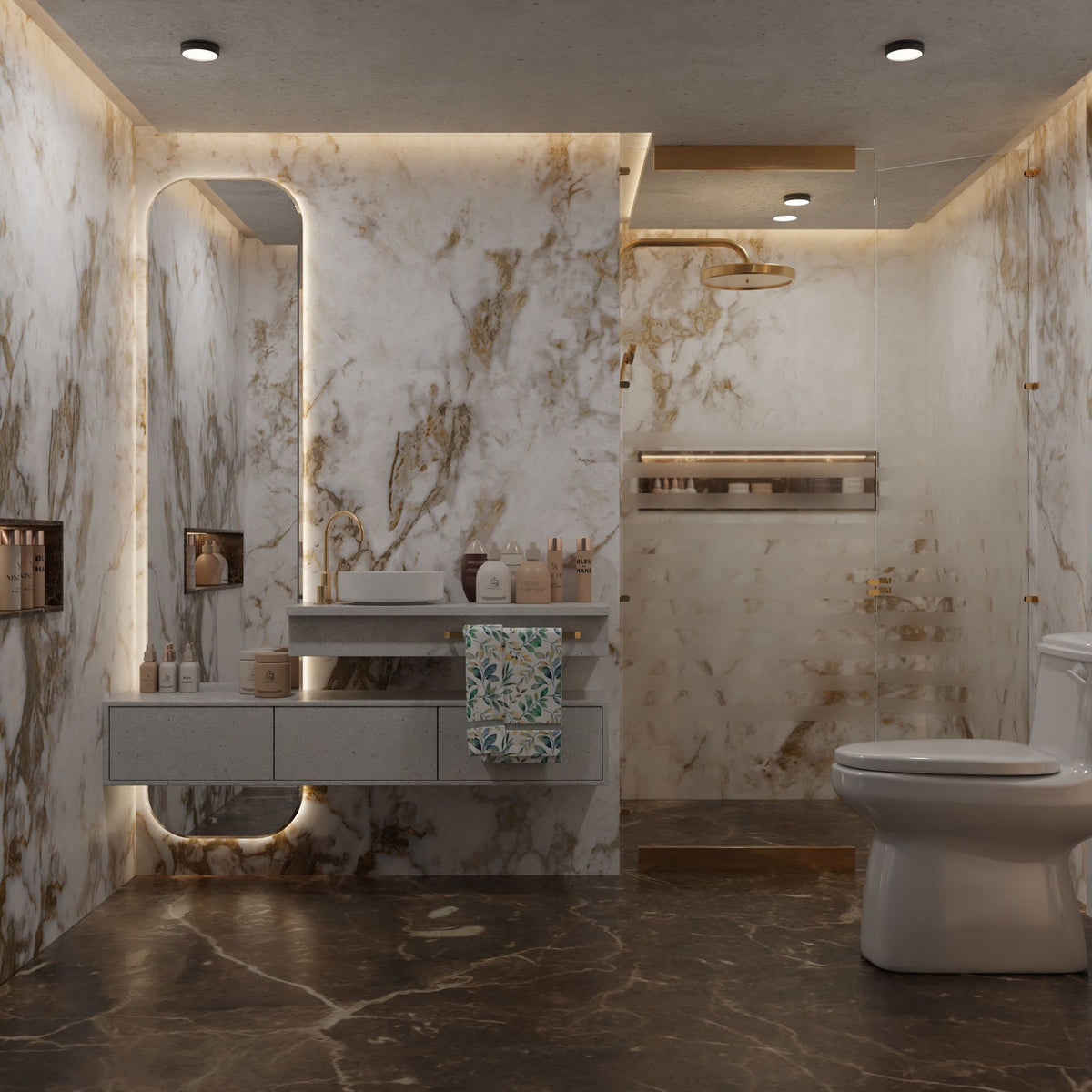 Luxurious Marble Bathroom with Modern Fixtures — featured photo for “Why Is My Toilet Rocking? Shims, Flange Problems and Floor Damage”