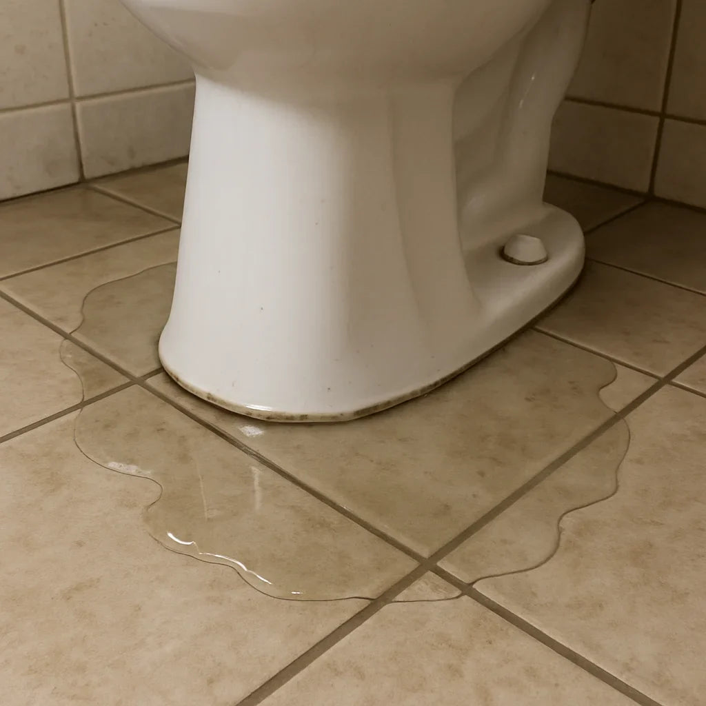 Actual water pooled around the base of a leaking toilet