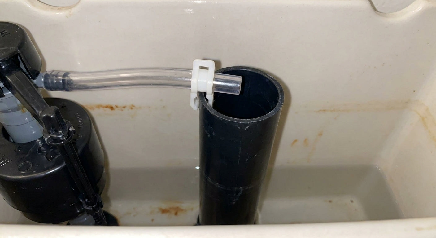 Real toilet tank showing the bowl-refill tube and overflow pipe