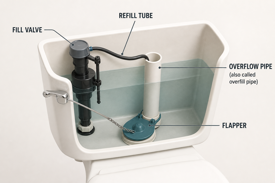 Labeled gravity toilet tank showing the fill valve, refill tube, overflow pipe and flapper.
