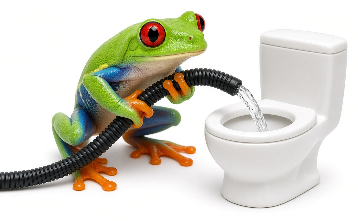 Flush Frog holding hose dosing toilet