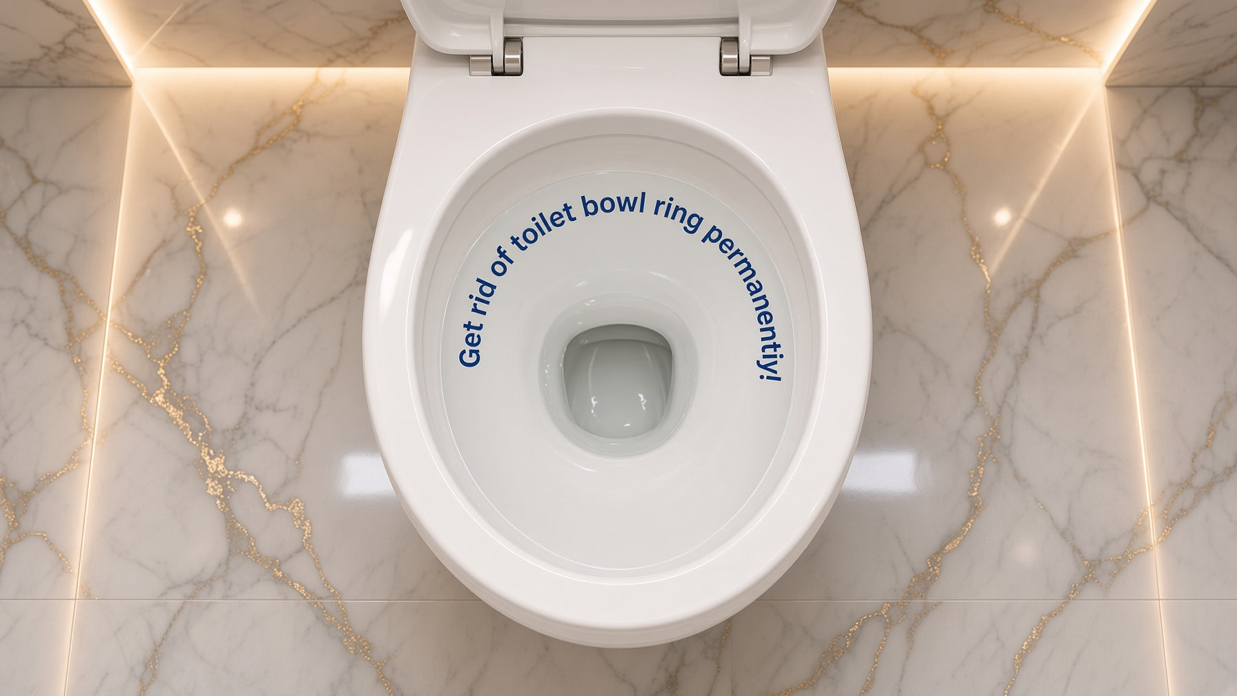 Clean top-down toilet bowl with the message Get rid of toilet bowl ring permanently.