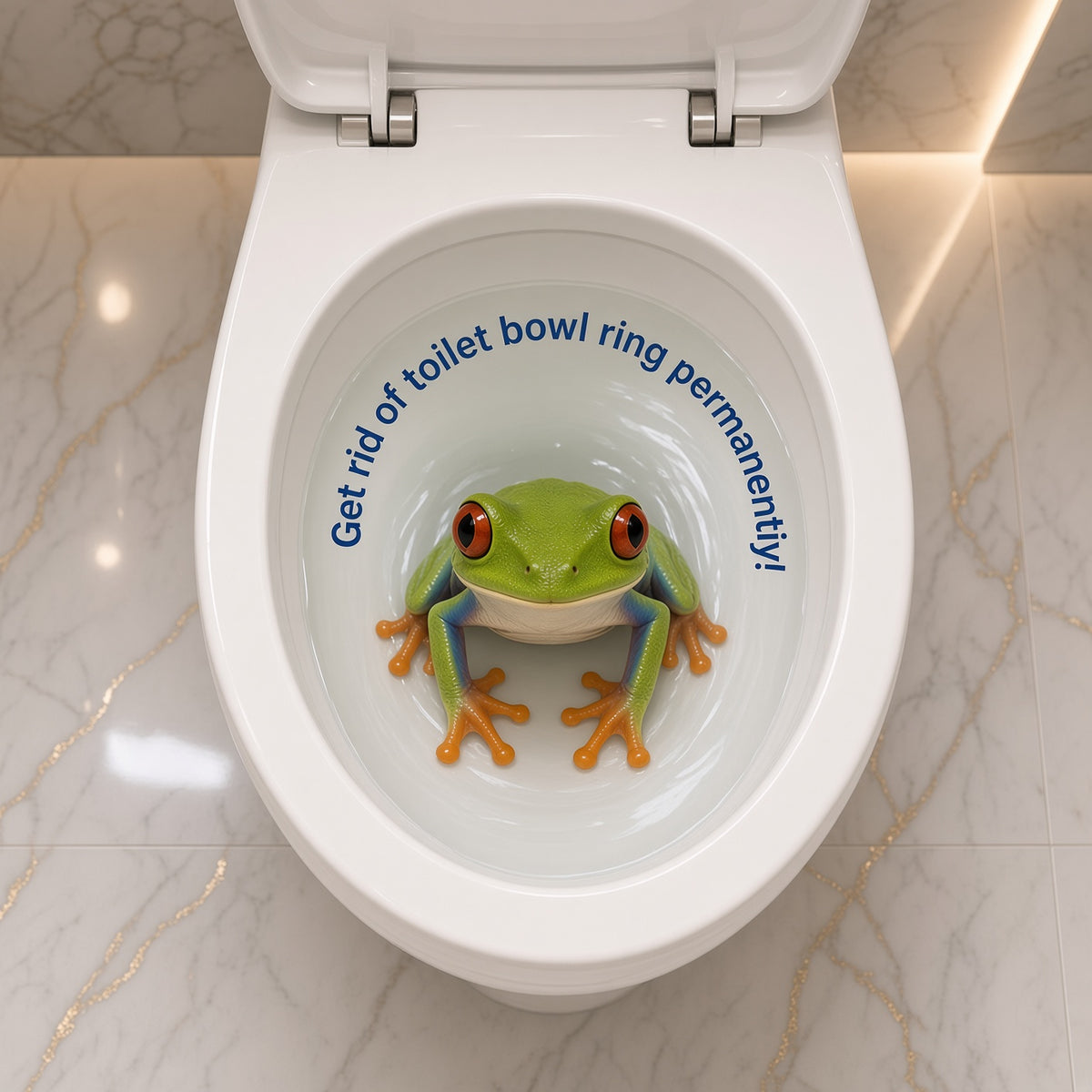 Flush Frog frog mascot in a clean toilet bowl with the message Get rid of toilet bowl ring permanently.