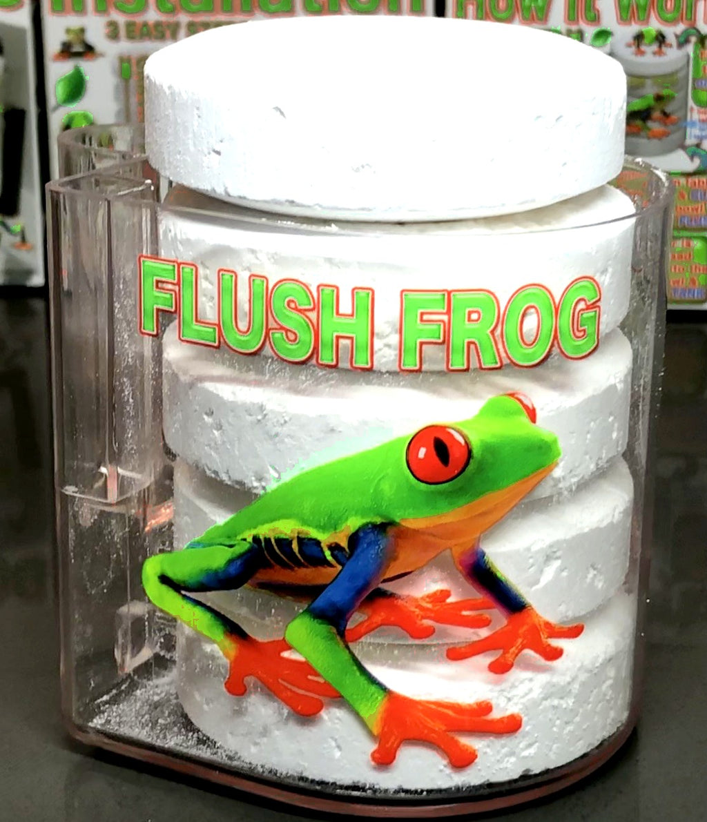 Flush Frog dispenser on overflow pipe, loaded with a 3-inch bromine tablet
