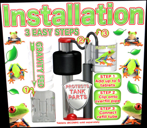 Flush Frog on the overflow pipe: load a 3-inch bromine tablet, clip on, connect refill tube