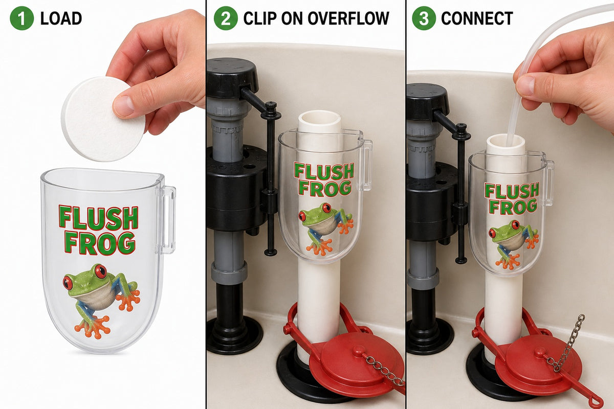 Flush Frog install: 1 LOAD a tablet outside the tank, 2 CLIP on the overflow pipe, 3 CONNECT the refill tube.