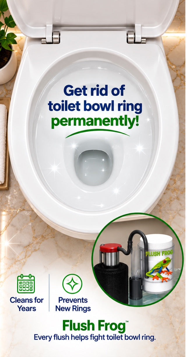 Flush Frog in a luxury bathroom: get rid of toilet bowl ring permanently; product inset shows dispenser