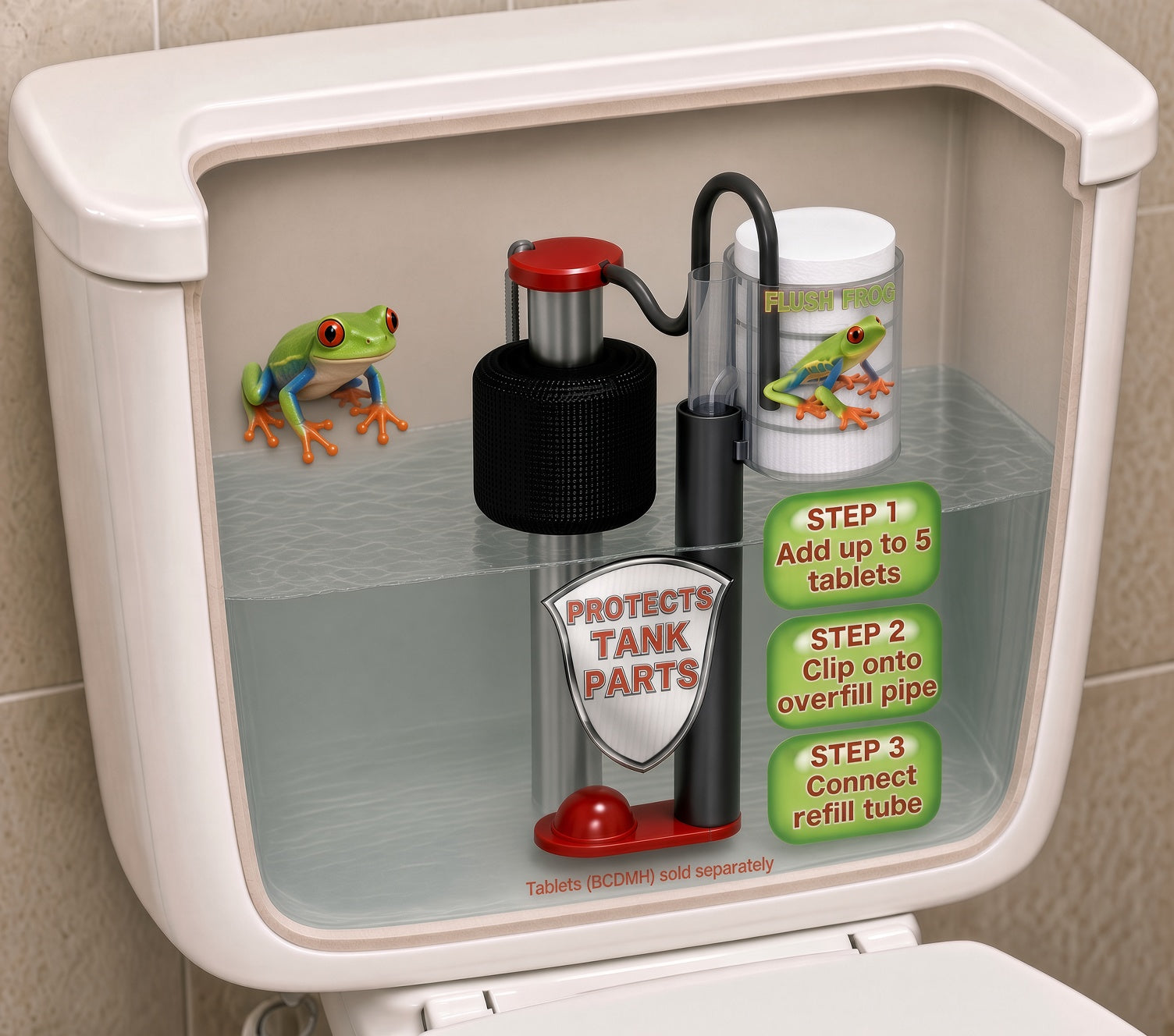 Illustration of Flush Frog inside a toilet tank showing three installation steps: add tablets, clip onto the overflow pipe, and connect the refill tube.
