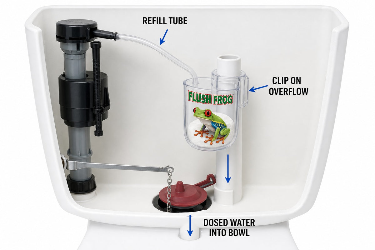 Flush Frog doses the bowl through the overflow path — cleaner goes to the bowl, not soaking tank parts.
